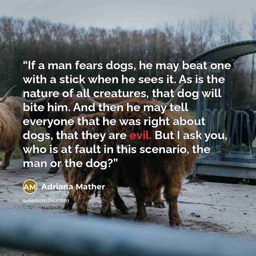“If a man fears dogs, he may beat one with a stick when he sees it. As is the nature of all creatures, that dog will bite him. And then he may tell everyone that he was right about dogs, that they are evil. But I ask you, who is at fault in this scenario, the man or the dog?” quote by Adriana Mather