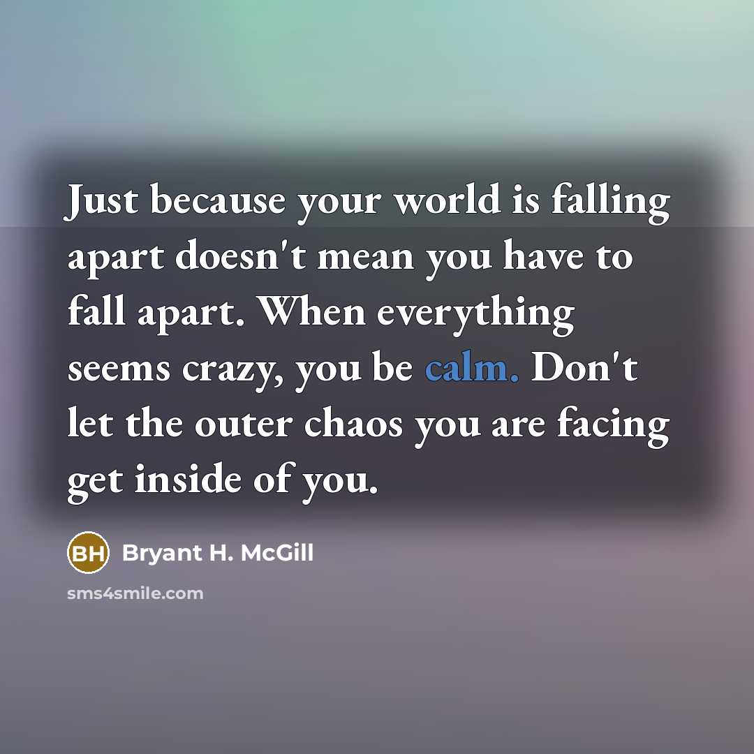 “Just because your world is falling apart doesn't mean you have to fall apart. When everything seems crazy, you be calm. Don't let the outer chaos you are facing get inside of you.” quote by Bryant H. McGill