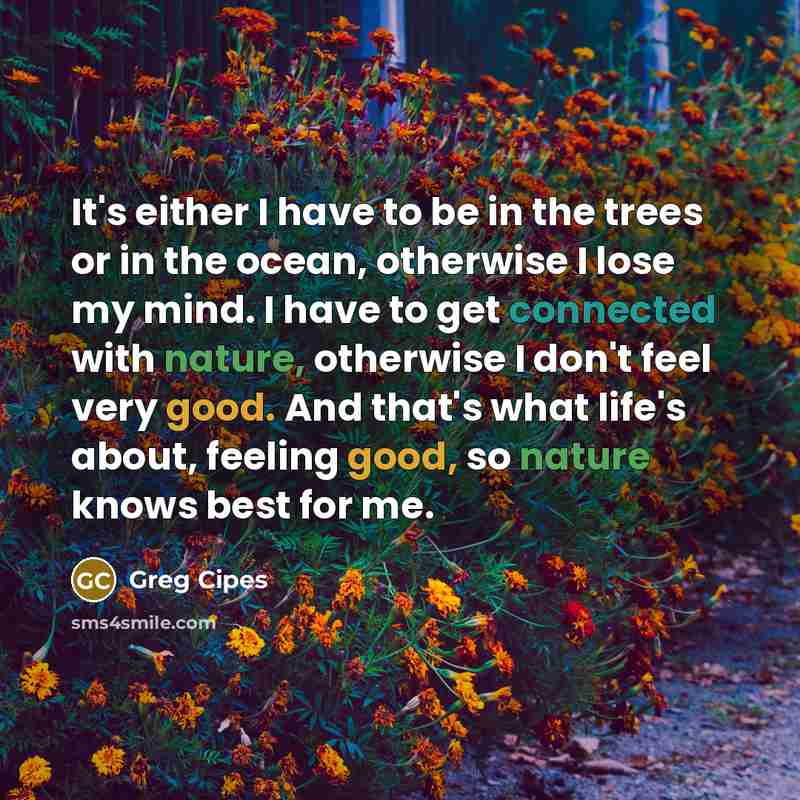 “It's either I have to be in the trees or in the ocean, otherwise I lose my mind. I have to get connected with nature, otherwise I don't feel very good. And that's what life's about, feeling good, so nature knows best for me.” quote by Greg Cipes
