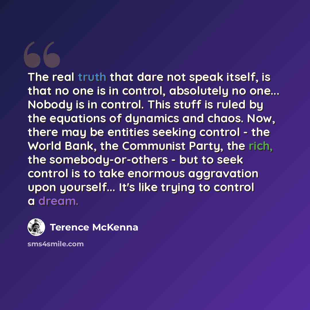 “The real truth that dare not speak itself, is that no one is in control, absolutely no one... Nobody is in control. This stuff is ruled by the equations of dynamics and chaos. Now, there may be entities seeking control - the World Bank, the Communist Party, the rich, the somebody-or-others - but…” quote by Terence McKenna