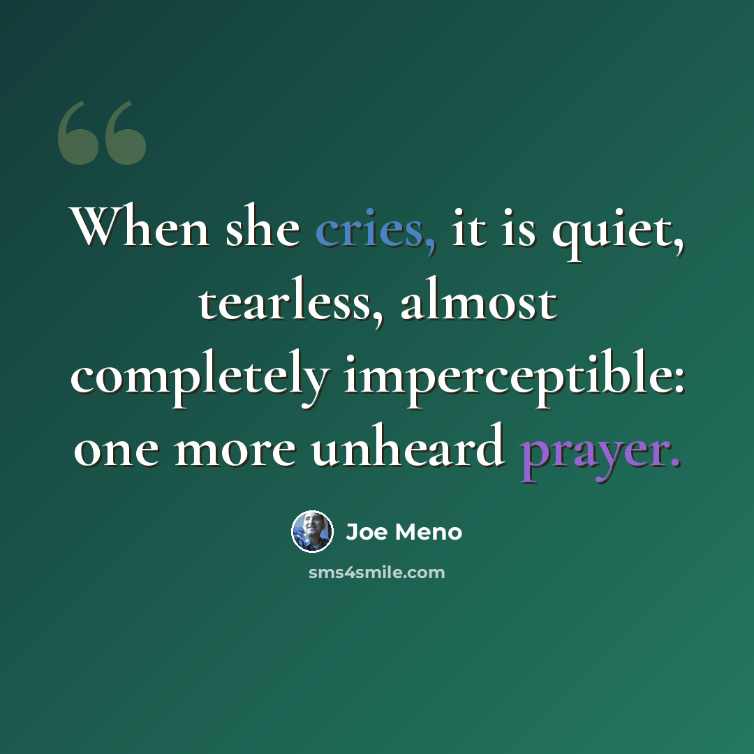 “When she cries, it is quiet, tearless, almost completely imperceptible: one more unheard prayer.” quote by Joe Meno