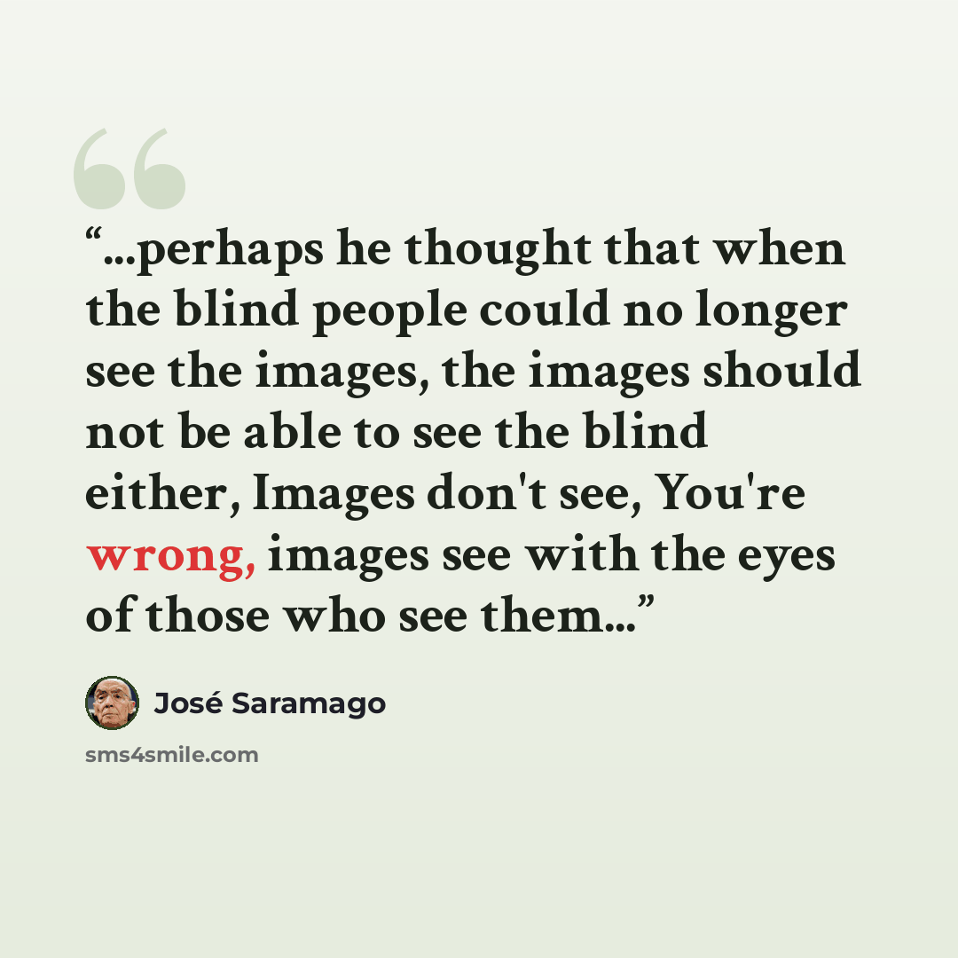 “...perhaps he thought that when the blind people could no longer see the images, the images should not be able to see the blind either, Images don't see, You're wrong, images see with the eyes of those who see them...” quote by José Saramago