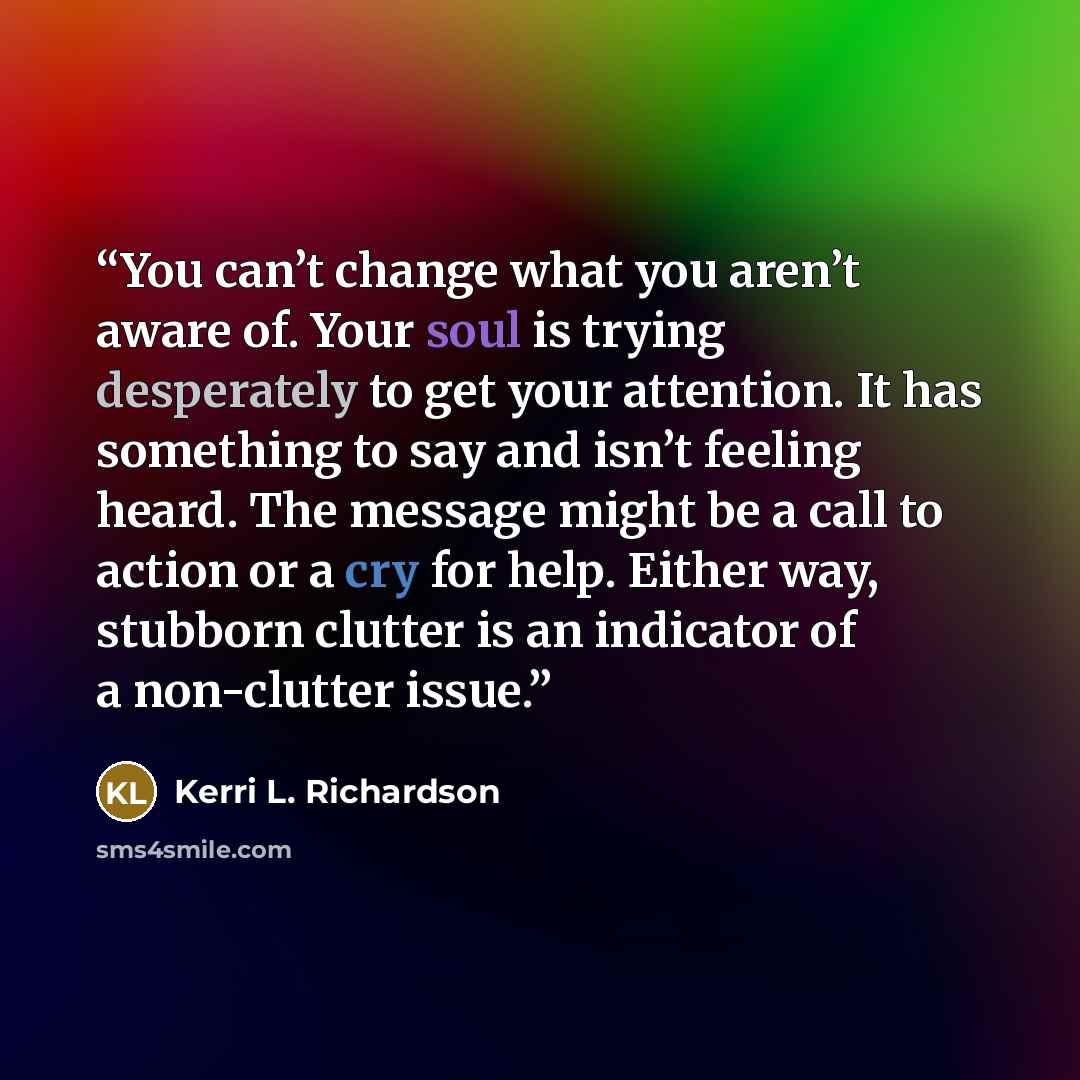 “You can’t change what you aren’t aware of. Your soul is trying desperately to get your attention. It has something to say and isn’t feeling heard. The message might be a call to action or a cry for help. Either way, stubborn clutter is an indicator of a non-clutter issue.” quote by Kerri L. Richardson