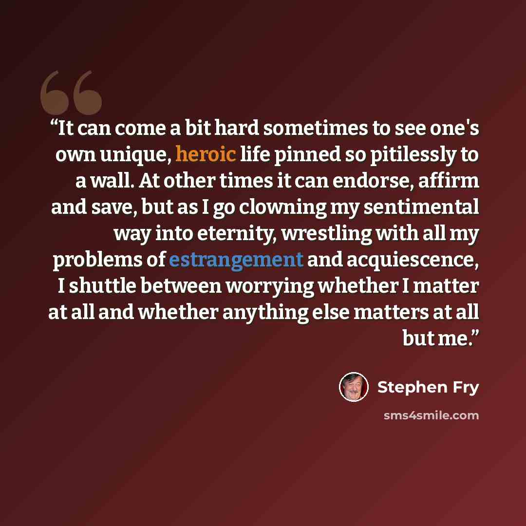 “It can come a bit hard sometimes to see one's own unique, heroic life pinned so pitilessly to a wall. At other times it can endorse, affirm and save, but as I go clowning my sentimental way into eternity, wrestling with all my problems of estrangement and acquiescence, I shuttle between worrying…” quote by Stephen Fry