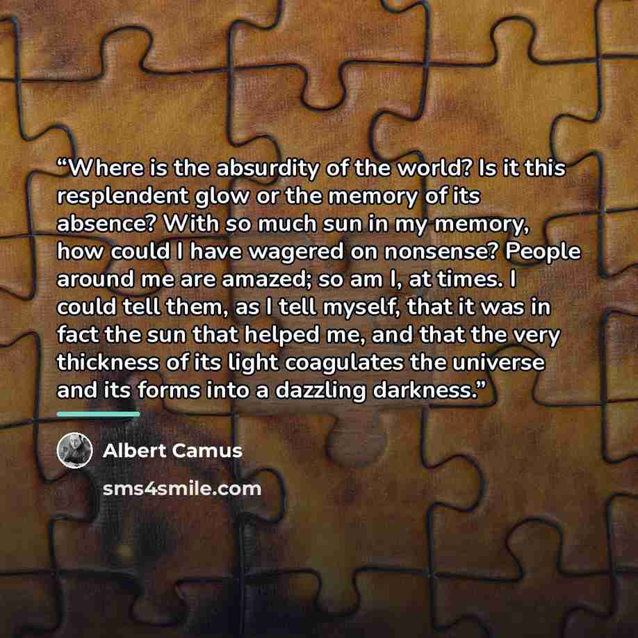 “Where is the absurdity of the world? Is it this resplendent glow or the memory of its absence? With so much sun in my memory, how could I have wagered on nonsense? People around me are amazed; so am I, at times. I could tell them, as I tell myself, that it was in fact the sun that helped me, and…” quote by Albert Camus