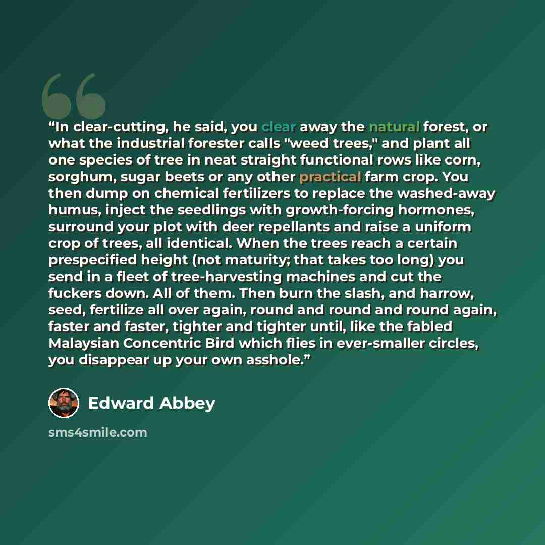 “In clear-cutting, he said, you clear away the natural forest, or what the industrial forester calls "weed trees," and plant all one species of tree in neat straight functional rows like corn, sorghum, sugar beets or any other practical farm crop. You then dump on chemical fertilizers to replace…” quote by Edward Abbey