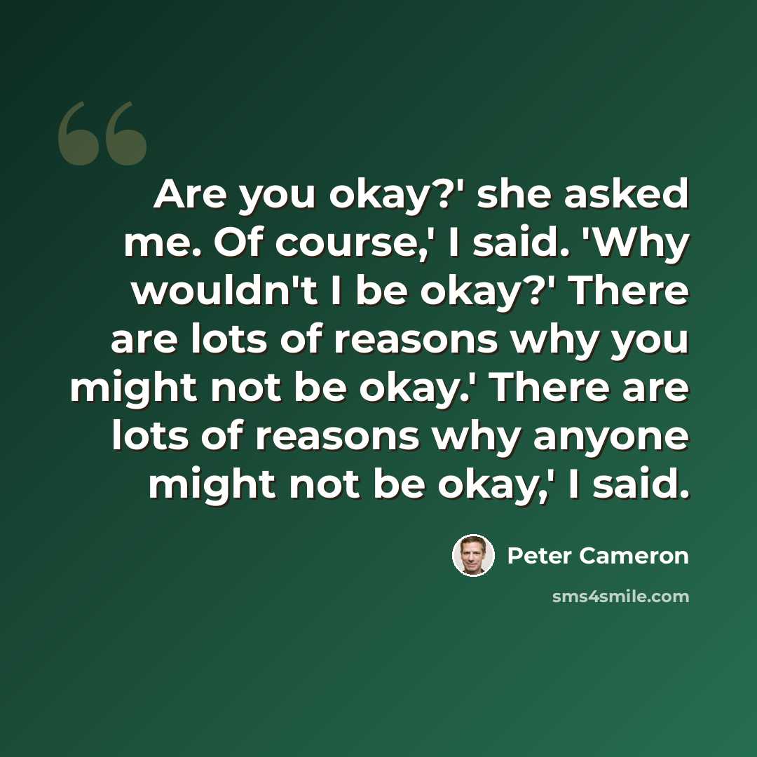 “Are you okay?' she asked me. Of course,' I said. 'Why wouldn't I be okay?' There are lots of reasons why you might not be okay.' There are lots of reasons why anyone might not be okay,' I said.” quote by Peter Cameron