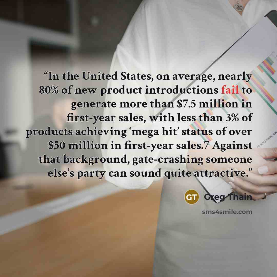 “In the United States, on average, nearly 80% of new product introductions fail to generate more than $7.5 million in first-year sales, with less than 3% of products achieving ‘mega hit’ status of over $50 million in first-year sales.7 Against that background, gate-crashing someone else’s party can…” quote by Greg Thain