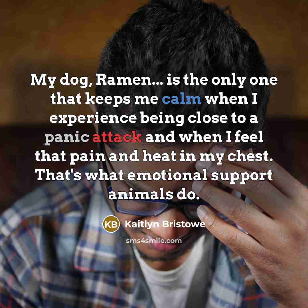 “My dog, Ramen... is the only one that keeps me calm when I experience being close to a panic attack and when I feel that pain and heat in my chest. That's what emotional support animals do.” quote by Kaitlyn Bristowe