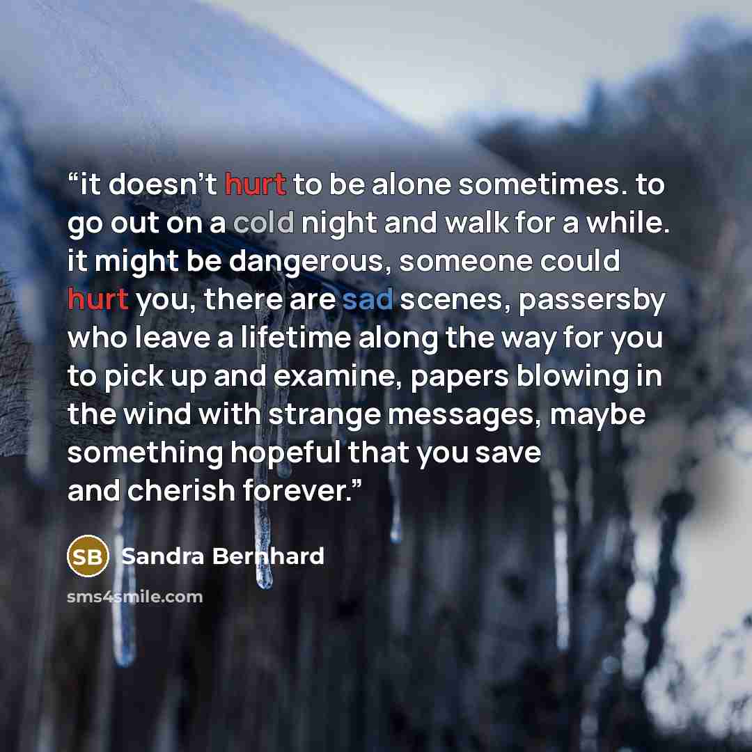 “it doesn't hurt to be alone sometimes. to go out on a cold night and walk for a while. it might be dangerous, someone could hurt you, there are sad scenes, passersby who leave a lifetime along the way for you to pick up and examine, papers blowing in the wind with strange messages, maybe something…” quote by Sandra Bernhard