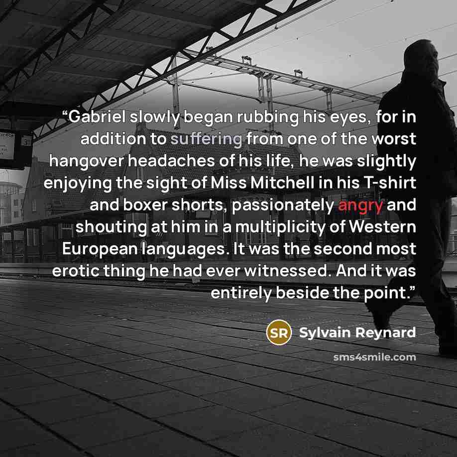 “Gabriel slowly began rubbing his eyes, for in addition to suffering from one of the worst hangover headaches of his life, he was slightly enjoying the sight of Miss Mitchell in his T-shirt and boxer shorts, passionately angry and shouting at him in a multiplicity of Western European languages. It…” quote by Sylvain Reynard