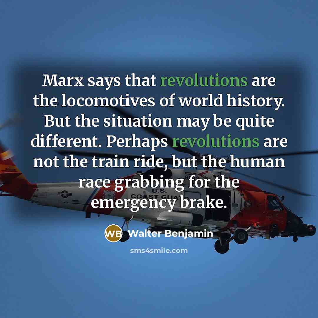 “Marx says that revolutions are the locomotives of world history. But the situation may be quite different. Perhaps revolutions are not the train ride, but the human race grabbing for the emergency brake.” quote by Walter Benjamin