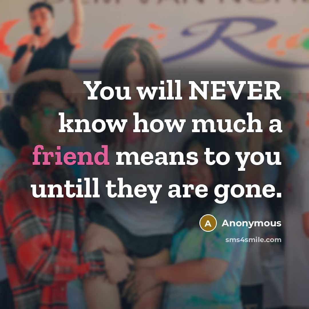 “You will NEVER know how much a friend means to you untill they are gone.” quote by Anonymous