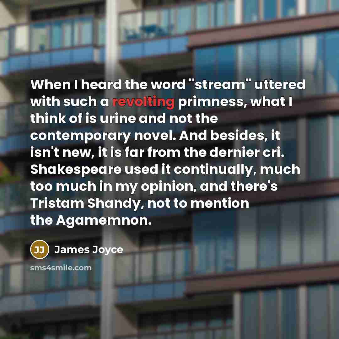 “When I heard the word ''stream'' uttered with such a revolting primness, what I think of is urine and not the contemporary novel. And besides, it isn't new, it is far from the dernier cri. Shakespeare used it continually, much too much in my opinion, and there's Tristam Shandy, not to mention the…” quote by James Joyce