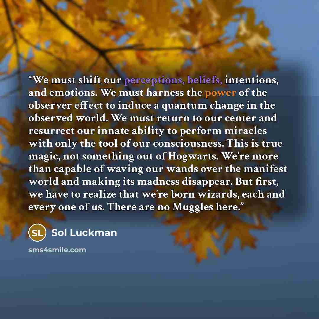 “We must shift our perceptions, beliefs, intentions, and emotions. We must harness the power of the observer effect to induce a quantum change in the observed world. We must return to our center and resurrect our innate ability to perform miracles with only the tool of our consciousness. This is…” quote by Sol Luckman