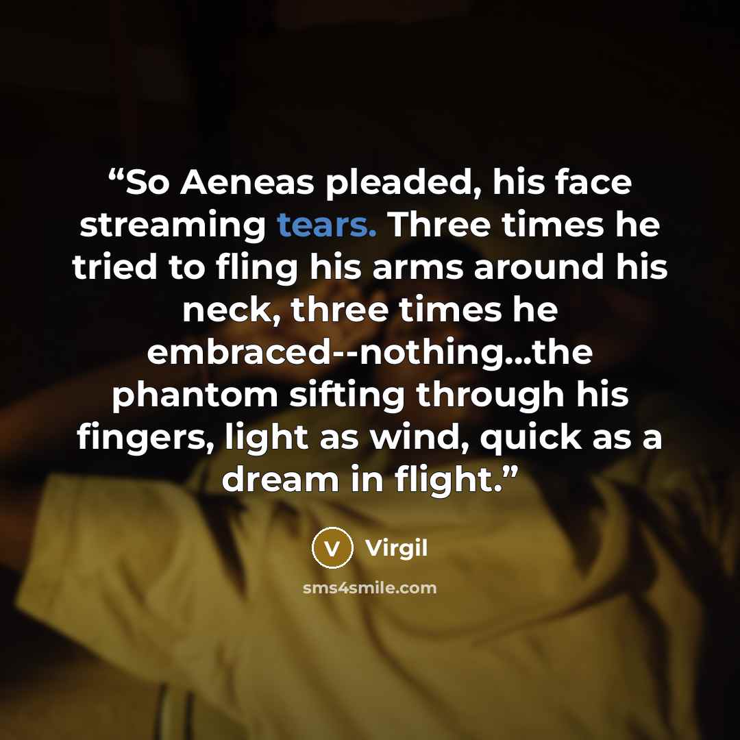 “So Aeneas pleaded, his face streaming tears. Three times he tried to fling his arms around his neck, three times he embraced--nothing...the phantom sifting through his fingers, light as wind, quick as a dream in flight.” quote by Virgil