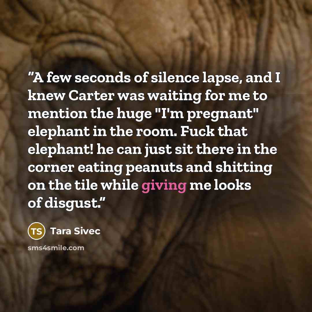 “A few seconds of silence lapse, and I knew Carter was waiting for me to mention the huge "I'm pregnant" elephant in the room. Fuck that elephant! he can just sit there in the corner eating peanuts and shitting on the tile while giving me looks of disgust.” quote by Tara Sivec