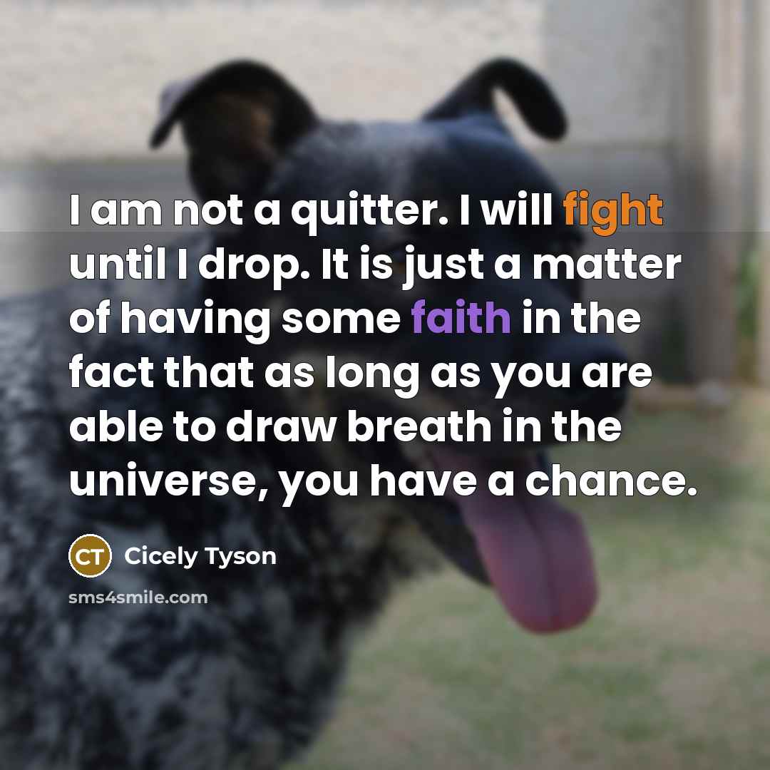 “I am not a quitter. I will fight until I drop. It is just a matter of having some faith in the fact that as long as you are able to draw breath in the universe, you have a chance.” quote by Cicely Tyson
