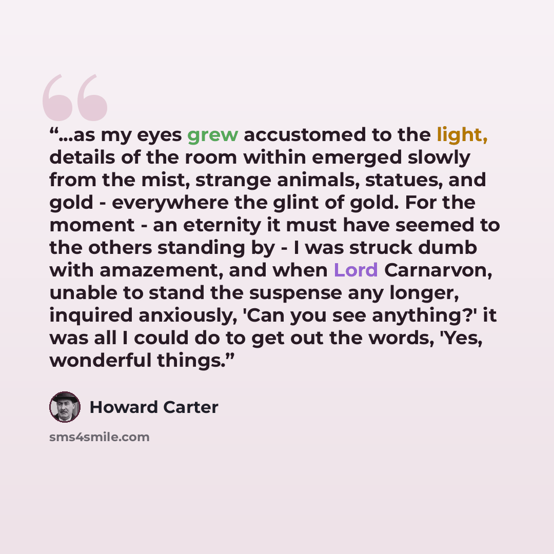 “...as my eyes grew accustomed to the light, details of the room within emerged slowly from the mist, strange animals, statues, and gold - everywhere the glint of gold. For the moment - an eternity it must have seemed to the others standing by - I was struck dumb with amazement, and when Lord…” quote by Howard Carter