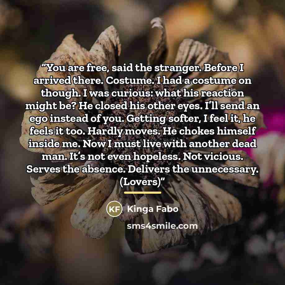 “You are free, said the stranger. Before I arrived there. Costume. I had a costume on though. I was curious: what his reaction might be? He closed his other eyes. I’ll send an ego instead of you. Getting softer, I feel it, he feels it too. Hardly moves. He chokes himself inside me. Now I must live…” quote by Kinga Fabo