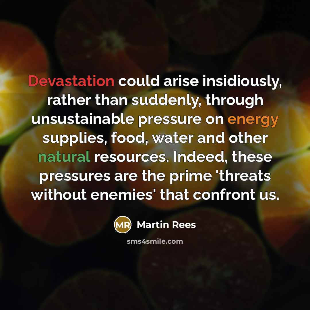“Devastation could arise insidiously, rather than suddenly, through unsustainable pressure on energy supplies, food, water and other natural resources. Indeed, these pressures are the prime 'threats without enemies' that confront us.” quote by Martin Rees