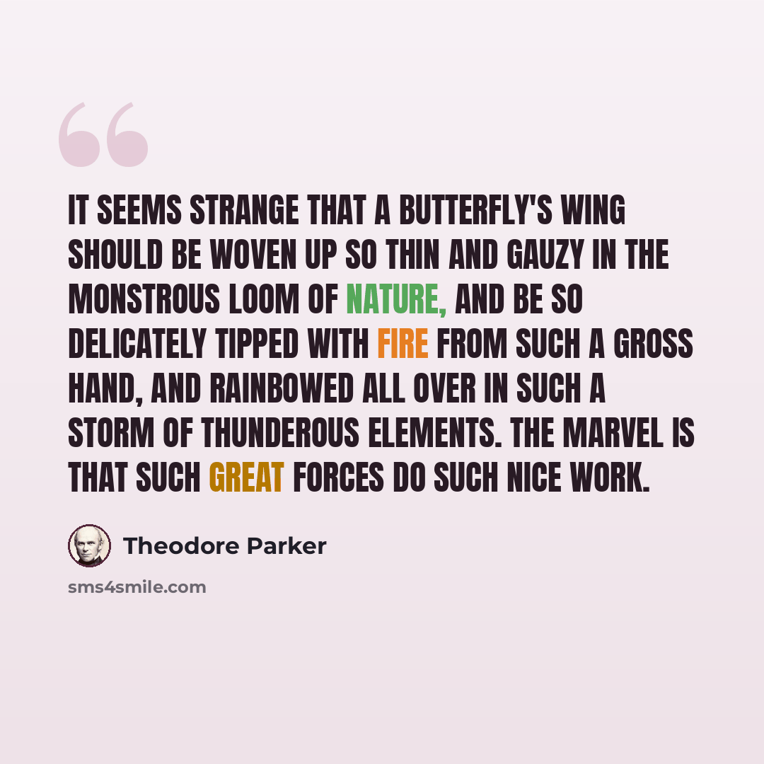 “It seems strange that a butterfly's wing should be woven up so thin and gauzy in the monstrous loom of nature, and be so delicately tipped with fire from such a gross hand, and rainbowed all over in such a storm of thunderous elements. The marvel is that such great forces do such nice work.” quote by Theodore Parker