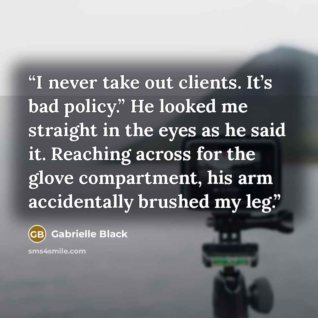 “I never take out clients. It’s bad policy.” He looked me straight in the eyes as he said it. Reaching across for the glove compartment, his arm accidentally brushed my leg.” quote by Gabrielle Black