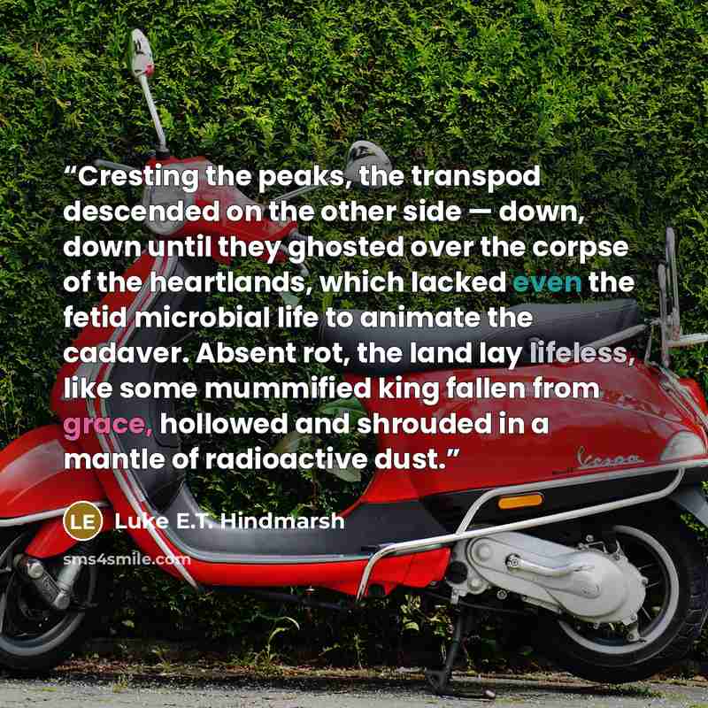 “Cresting the peaks, the transpod descended on the other side — down, down until they ghosted over the corpse of the heartlands, which lacked even the fetid microbial life to animate the cadaver. Absent rot, the land lay lifeless, like some mummified king fallen from grace, hollowed and shrouded in…” quote by Luke E.T. Hindmarsh