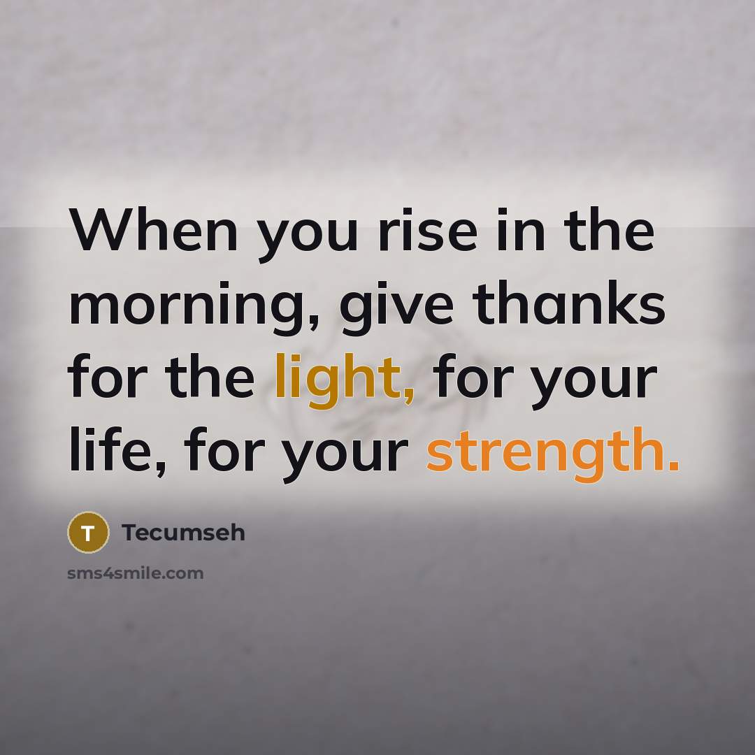 “When you rise in the morning, give thanks for the light, for your life, for your strength.” quote by Tecumseh