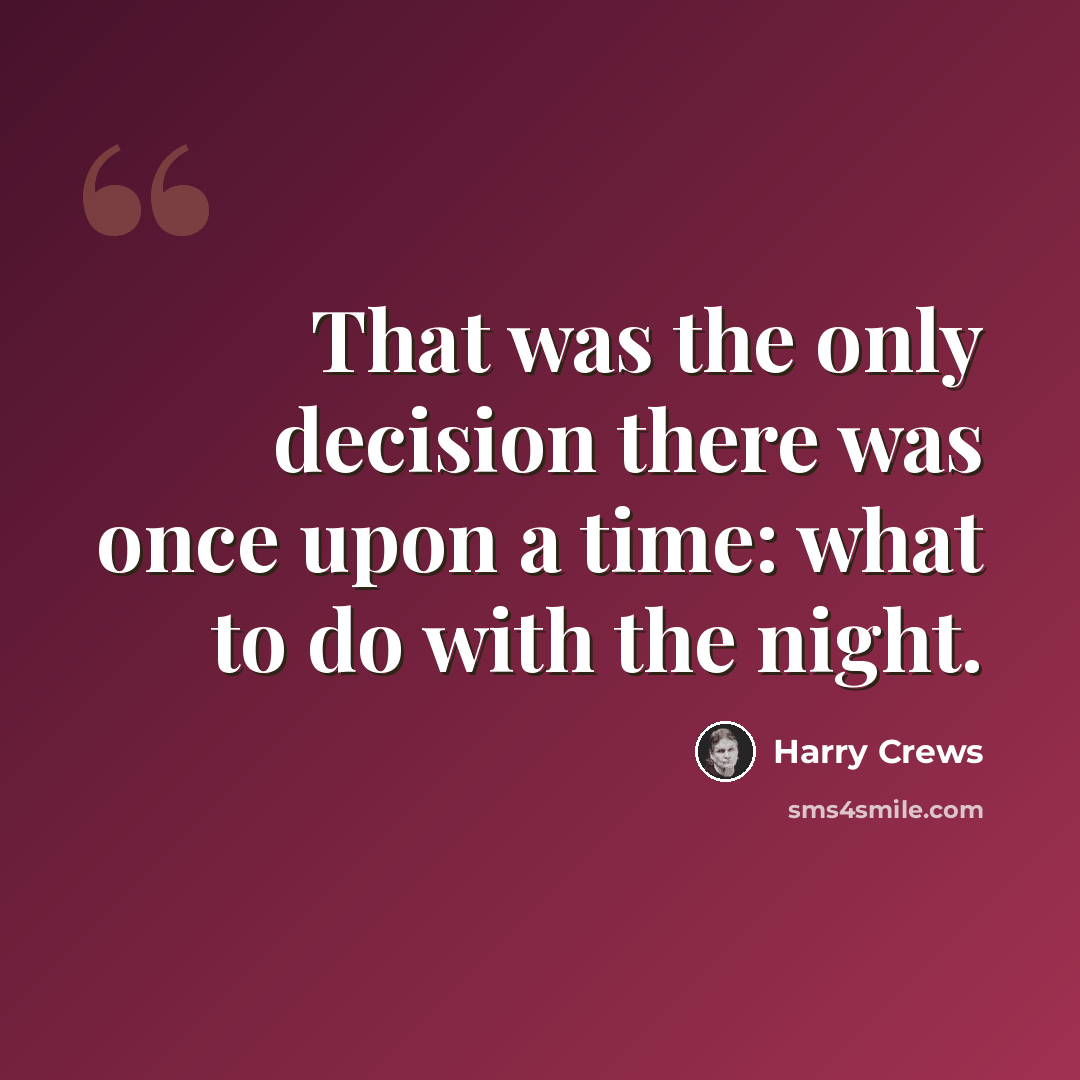 “That was the only decision there was once upon a time: what to do with the night.” quote by Harry Crews
