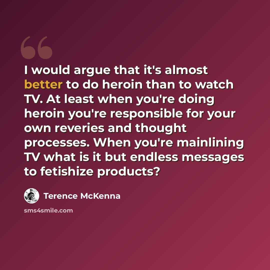 “I would argue that it's almost better to do heroin than to watch TV. At least when you're doing heroin you're responsible for your own reveries and thought processes. When you're mainlining TV what is it but endless messages to fetishize products?” quote by Terence McKenna