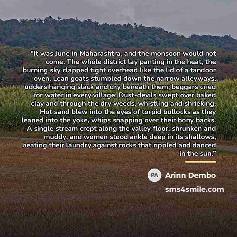 “It was June in Maharashtra, and the monsoon would not come. The whole district lay panting in the heat, the burning sky clapped tight overhead like the lid of a tandoor oven. Lean goats stumbled down the narrow alleyways, udders hanging slack and dry beneath them; beggars cried for water in every…” quote by Arinn Dembo