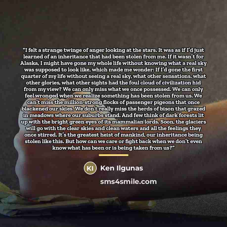 “I felt a strange twinge of anger looking at the stars. It was as if I’d just learned of an inheritance that had been stolen from me. If it wasn’t for Alaska, I might have gone my whole life without knowing what a real sky was supposed to look like, which made me wonder: If I’d gone the first…” quote by Ken Ilgunas