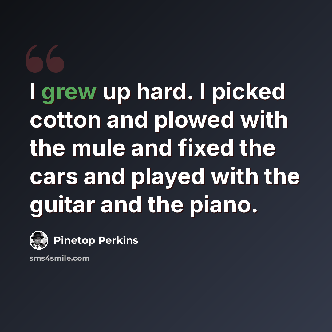 “I grew up hard. I picked cotton and plowed with the mule and fixed the cars and played with the guitar and the piano.” quote by Pinetop Perkins
