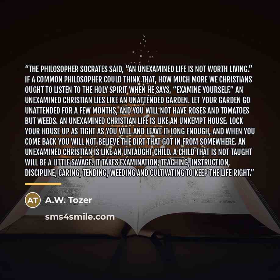 “The philosopher Socrates said, “An unexamined life is not worth living.” If a common philosopher could think that, how much more we Christians ought to listen to the Holy Spirit when He says, “Examine yourself.” An unexamined Christian lies like an unattended garden. Let your garden go unattended…” quote by A.W. Tozer