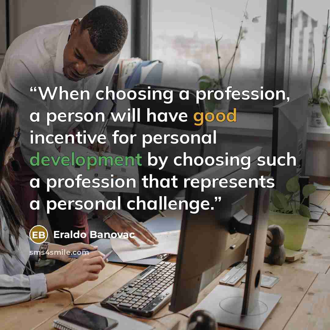 “When choosing a profession, a person will have good incentive for personal development by choosing such a profession that represents a personal challenge.” quote by Eraldo Banovac