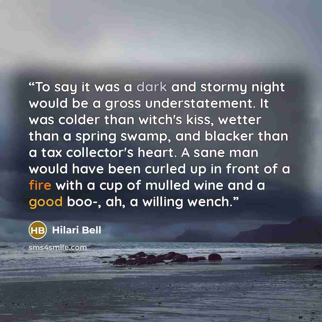 “To say it was a dark and stormy night would be a gross understatement. It was colder than witch's kiss, wetter than a spring swamp, and blacker than a tax collector's heart. A sane man would have been curled up in front of a fire with a cup of mulled wine and a good boo-, ah, a willing wench.” quote by Hilari Bell