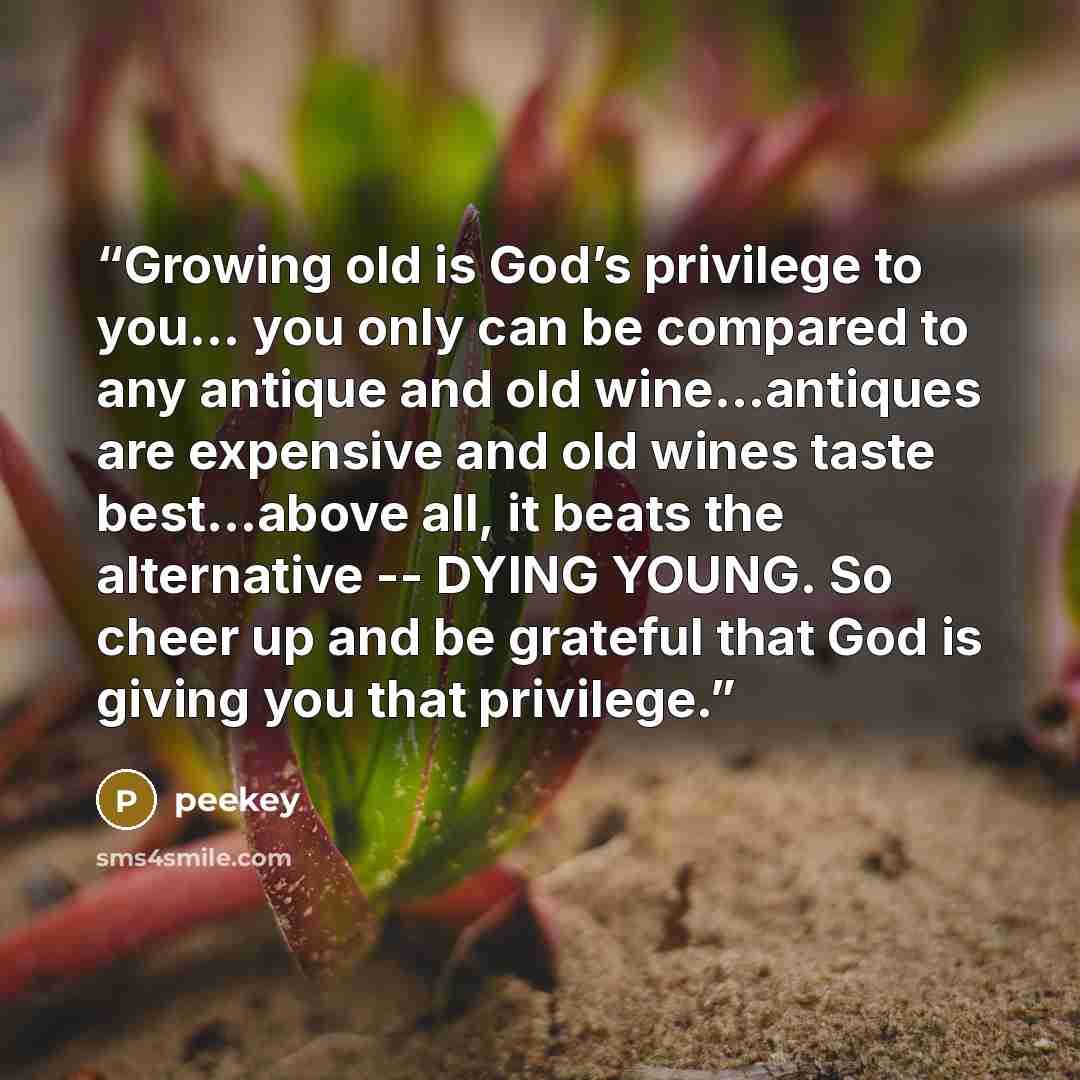 “Growing old is God’s privilege to you… you only can be compared to any antique and old wine...antiques are expensive and old wines taste best…above all, it beats the alternative -- DYING YOUNG. So cheer up and be grateful that God is giving you that privilege.” quote by peekey