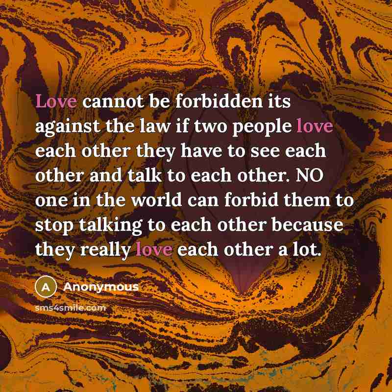 “Love cannot be forbidden its against the law if two people love each other they have to see each other and talk to each other. NO one in the world can forbid them to stop talking to each other because they really love each other a lot.” quote by Anonymous