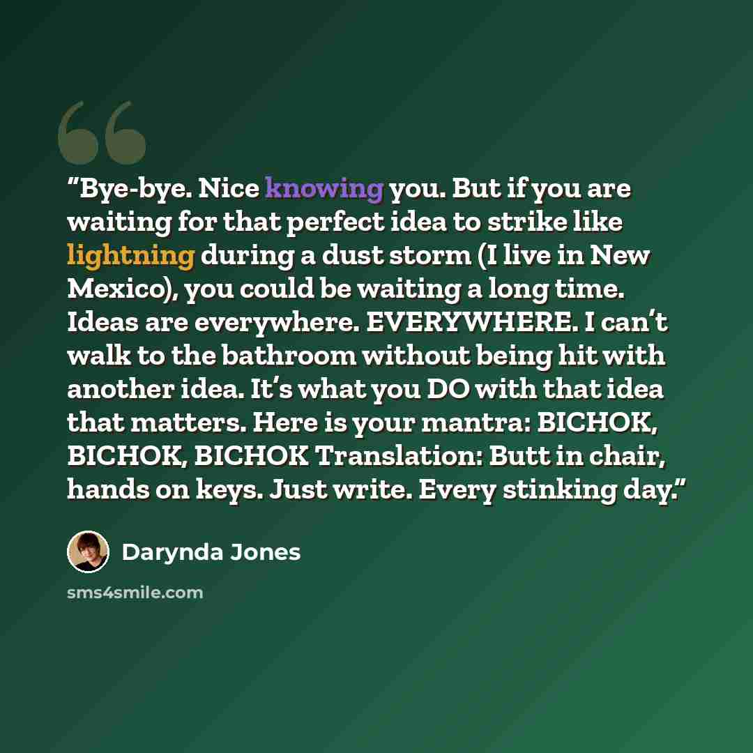 “Bye-bye. Nice knowing you. But if you are waiting for that perfect idea to strike like lightning during a dust storm (I live in New Mexico), you could be waiting a long time. Ideas are everywhere. EVERYWHERE. I can’t walk to the bathroom without being hit with another idea. It’s what you DO with…” quote by Darynda Jones