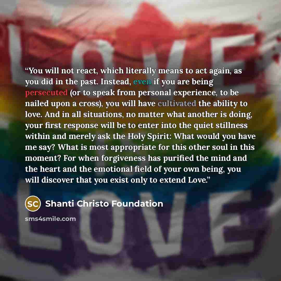 “You will not react, which literally means to act again, as you did in the past. Instead, even if you are being persecuted (or to speak from personal experience, to be nailed upon a cross), you will have cultivated the ability to love. And in all situations, no matter what another is doing, your…” quote by Shanti Christo Foundation