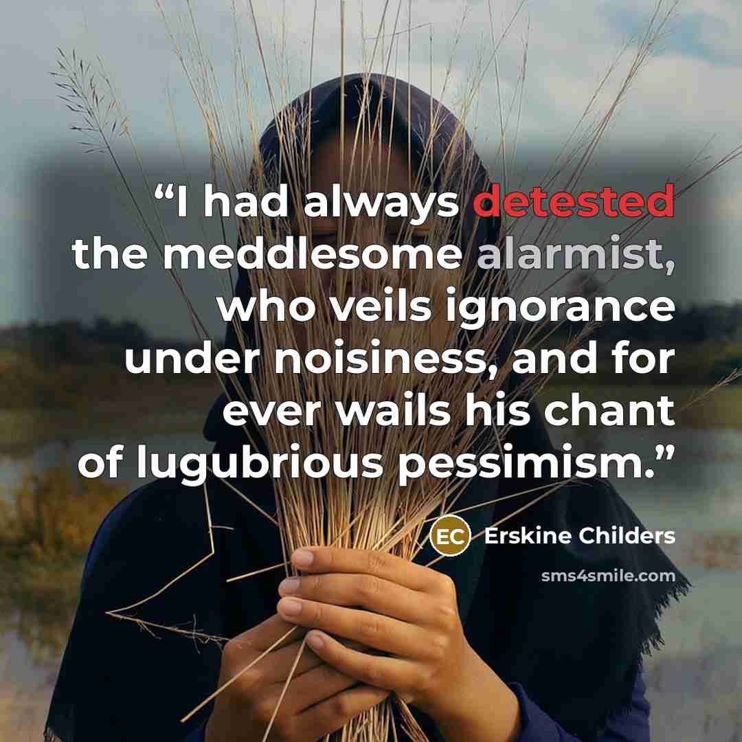 “I had always detested the meddlesome alarmist, who veils ignorance under noisiness, and for ever wails his chant of lugubrious pessimism.” quote by Erskine Childers
