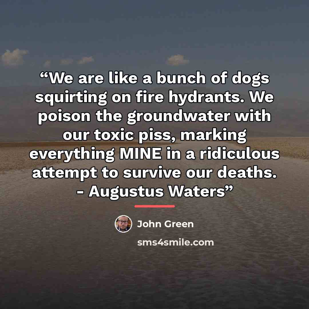 “We are like a bunch of dogs squirting on fire hydrants. We poison the groundwater with our toxic piss, marking everything MINE in a ridiculous attempt to survive our deaths. - Augustus Waters” quote by John Green