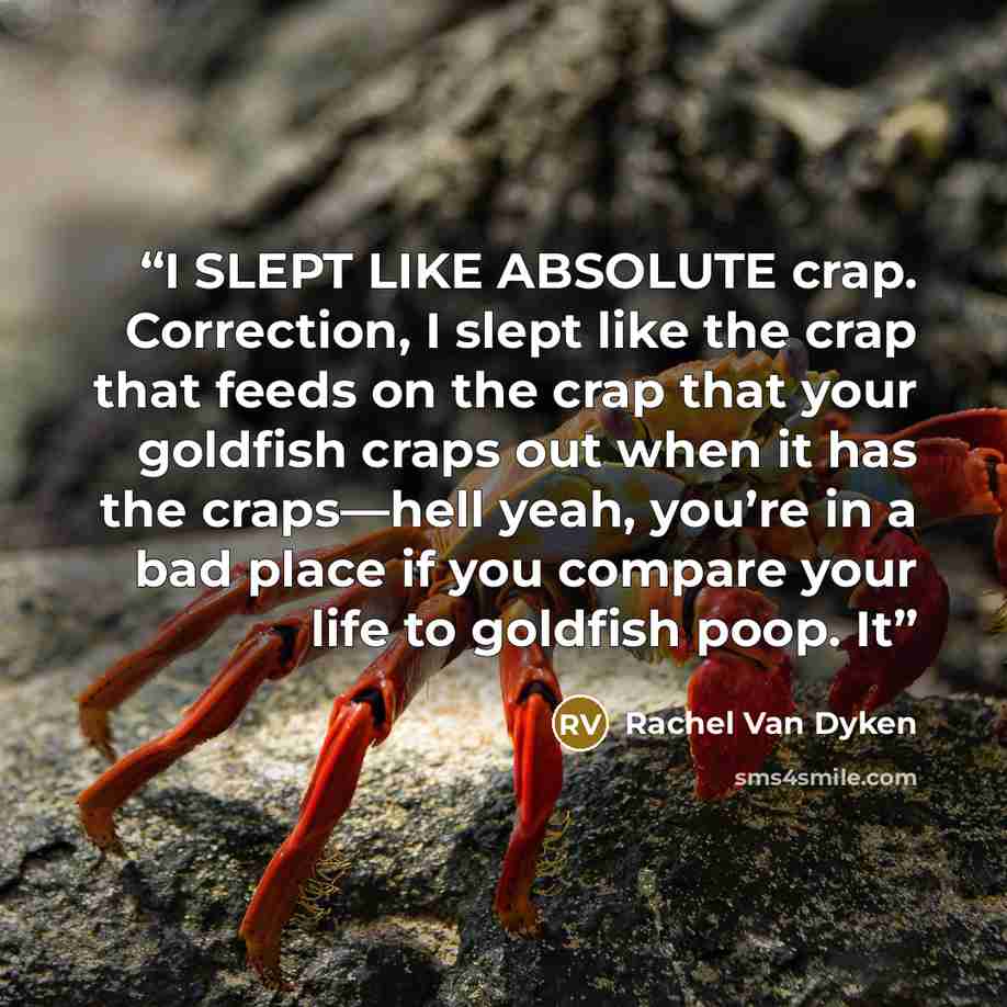 “I SLEPT LIKE ABSOLUTE crap. Correction, I slept like the crap that feeds on the crap that your goldfish craps out when it has the craps—hell yeah, you’re in a bad place if you compare your life to goldfish poop. It” quote by Rachel Van Dyken