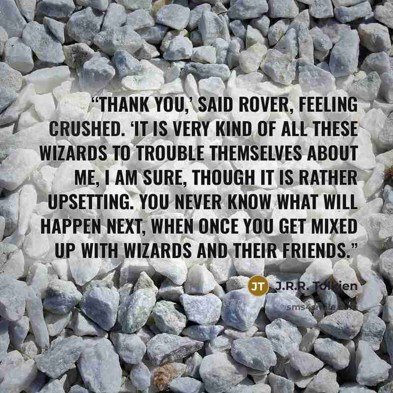 “Thank you,’ said Rover, feeling crushed. ‘It is very kind of all these wizards to trouble themselves about me, I am sure, though it is rather upsetting. You never know what will happen next, when once you get mixed up with wizards and their friends.” quote by J.R.R. Tolkien