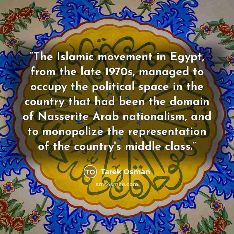 “The Islamic movement in Egypt, from the late 1970s, managed to occupy the political space in the country that had been the domain of Nasserite Arab nationalism, and to monopolize the representation of the country's middle class.” quote by Tarek Osman