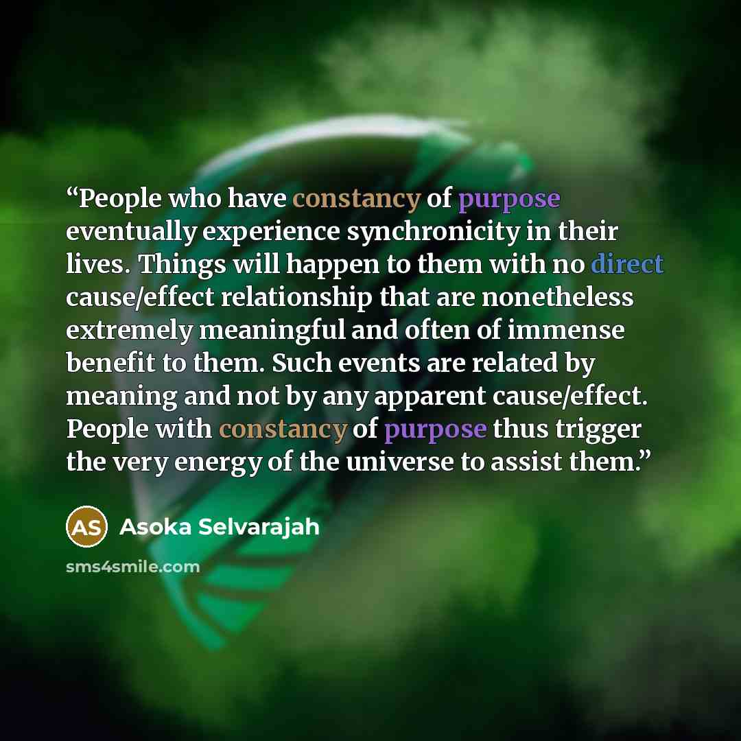 “People who have constancy of purpose eventually experience synchronicity in their lives. Things will happen to them with no direct cause/effect relationship that are nonetheless extremely meaningful and often of immense benefit to them. Such events are related by meaning and not by any apparent…” quote by Asoka Selvarajah
