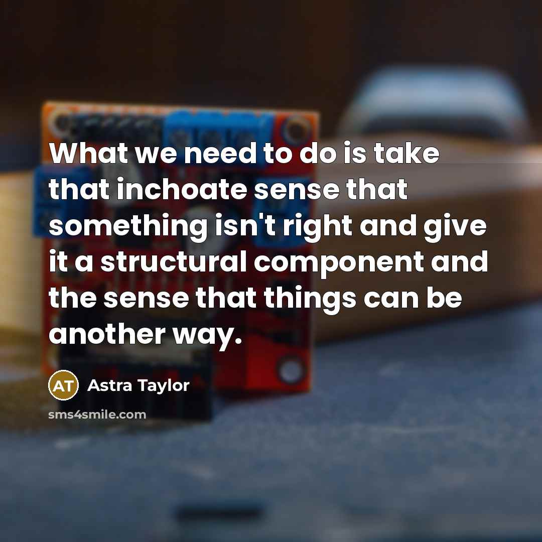 “What we need to do is take that inchoate sense that something isn't right and give it a structural component and the sense that things can be another way.” quote by Astra Taylor