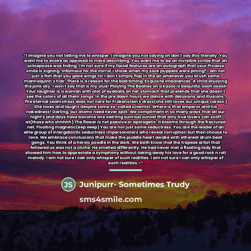“I imagine you not telling me to whisper. I imagine you not saying oh don't say this literally. You want me to evoke as opposed to mere describing. You want me to be an invisible scribe that an octoepoose was hiding. I'm not sure if my facial features are an autograph that your Picasso smile is…” quote by Anonymous