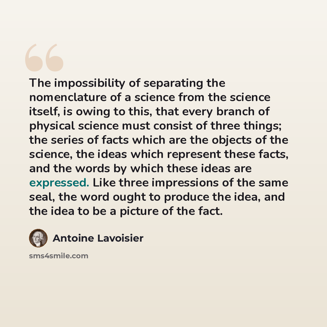 “The impossibility of separating the nomenclature of a science from the science itself, is owing to this, that every branch of physical science must consist of three things; the series of facts which are the objects of the science, the ideas which represent these facts, and the words by which these…” quote by Antoine Lavoisier